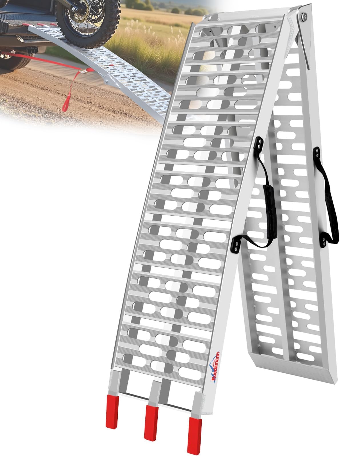 Ruedamann 7.5'L Loading Ramp with 750 LBS Capacity, Foldable Aluminum Ramp for ATV/Motorcycles/Trucks (1 Piece, Silver)
