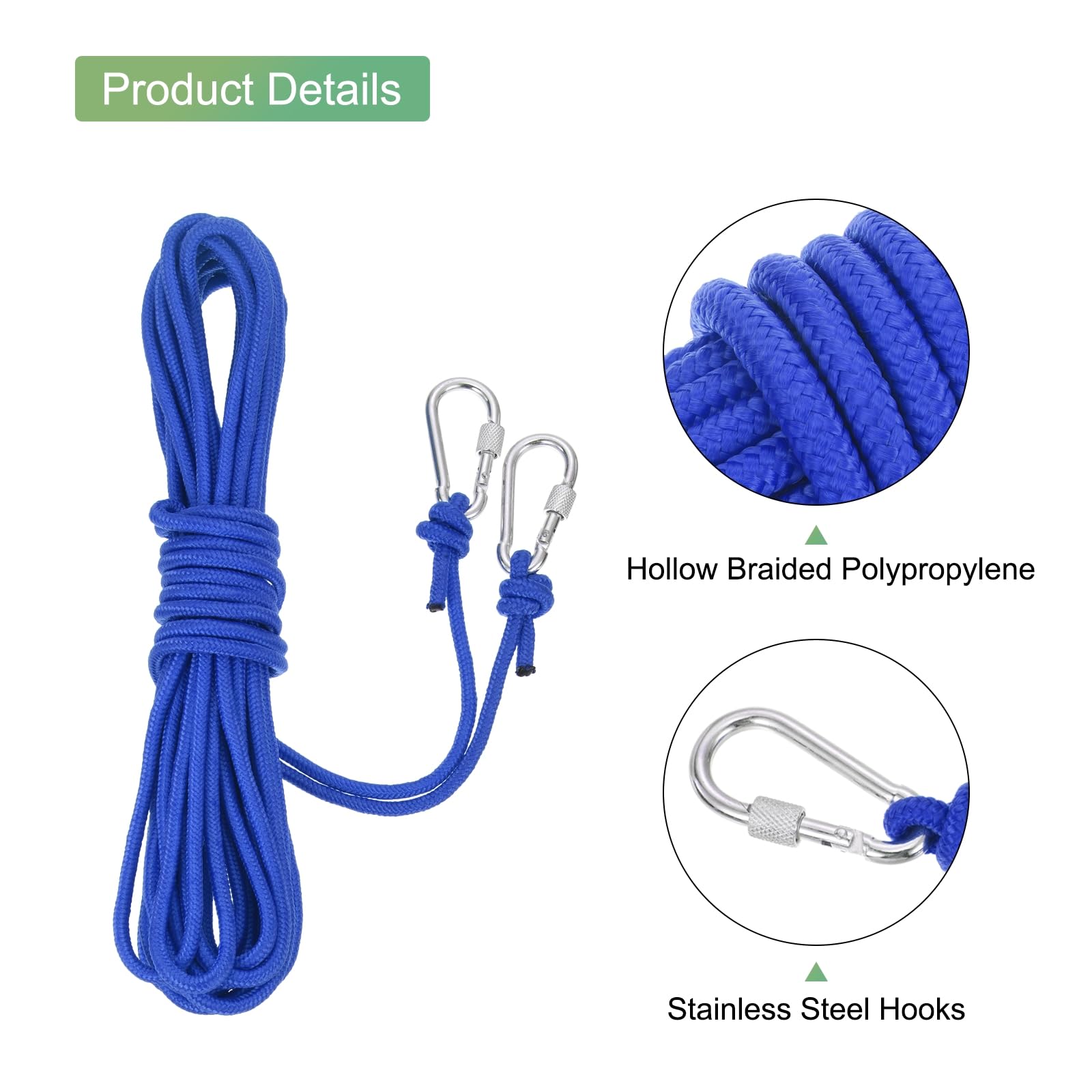 QUARKZMAN Cuerda de Anclaje de Polipropileno Trenzado Hueco con Gancho, 1/4 Pulgada 33 pies Línea Flotante de Nylon para Ancla de Barco de Vida en la Piscina Marina, Azul