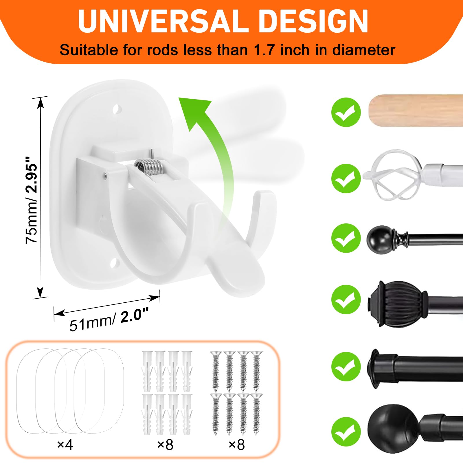 Artoshin 4 Pack Curtain Rod Bracket Holder No Drill Self Adhesive Brackets Multipurpose Nail Free Stick On Curtain Rod Hooks for Living Room, Bathroom and Kitchen