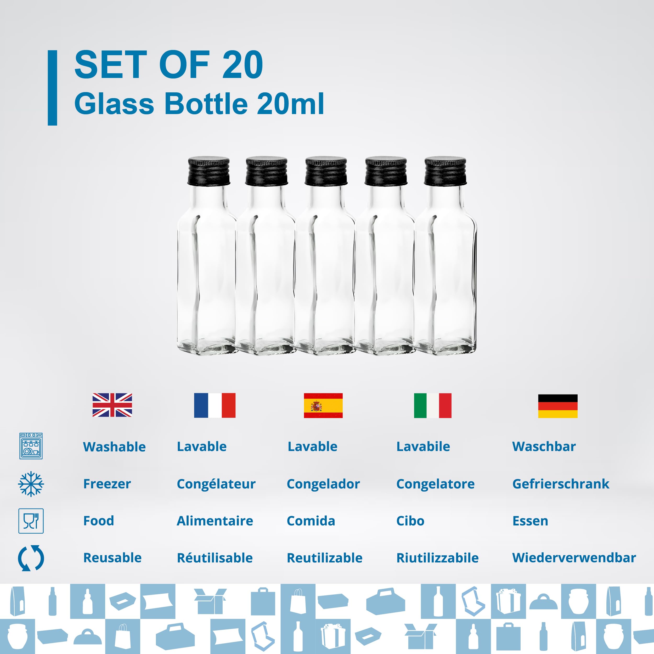 Espirito Rebelde 20 Mini Bouteilles en Verre 20ml avec Bouchon a Vis Noir | Mignonnettes Alcool 2cl, Petites Fioles Échantillons | Idéal pour Cadeaux, Mariages