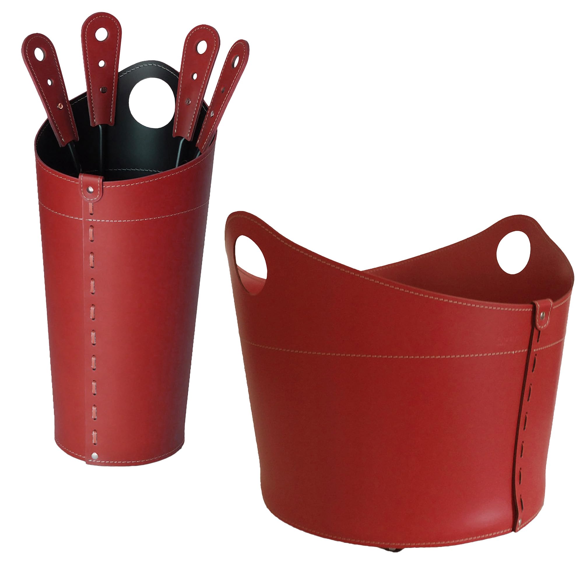 LIMAC Design NICAD: Set da Camino Moderno in Cuoio, composto Borsa portalegna, Sacca Porta-Ferri in cuoio e Set Attrezzi da Camino, Prodotto in Italia. Rosso