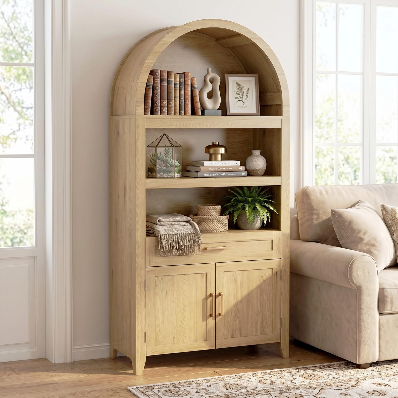 Librería Grande con Diseño en Arco, Librería Estantería con 3 Compartimentos Abiertos, Cajones y Puertas, Estantería Salón Multiusos para Salón, Cocina y Oficina | Estantería de madera, armario de vitrina para sala de estar, cocina, estudio