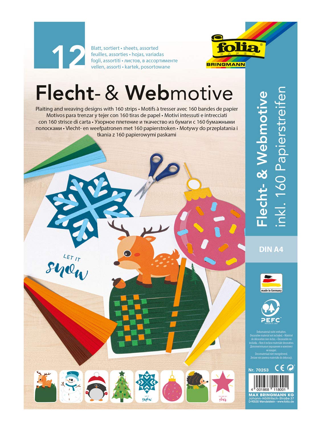 folia 70253 – Braiding and Woven Motif Set Xmas, DIN A4, 8 Winter Motifs Including 160 Paper Strips in 8 Colours, Creative Activity for Children