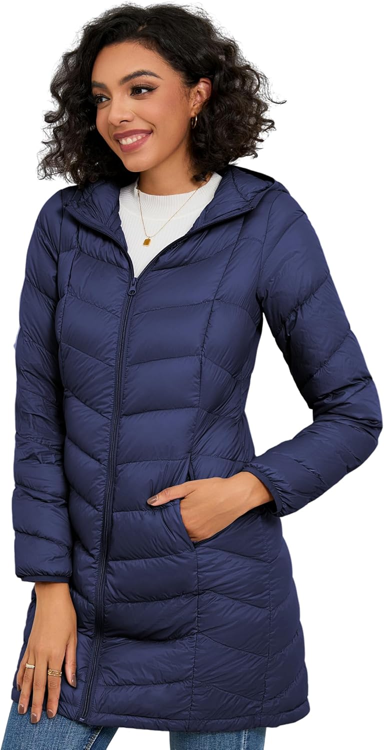 SLOW DOWN Women Lightweight Down Puffer Coat, Women Packable Hooded Mid-Length Winter puffer Jacket - Image 2