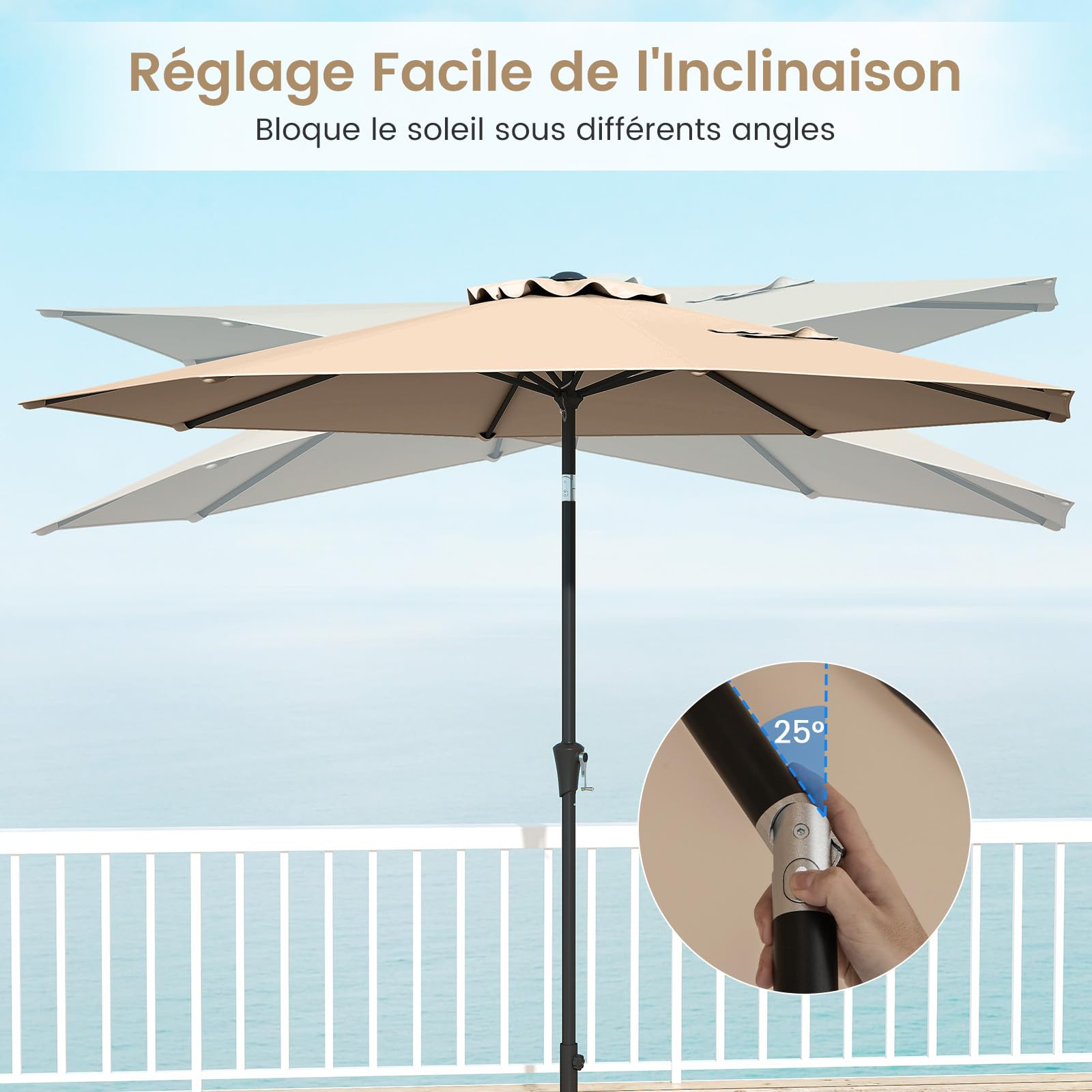 GOPLUS Parasol de Jardin Exterieur 3M, Grand Parasol Inclinable de 25° avec Manivelle, 8 Baleines Renforcés, Anti-UV, pour Terrasse Plage Balcon Patio, sans Base (Marron)