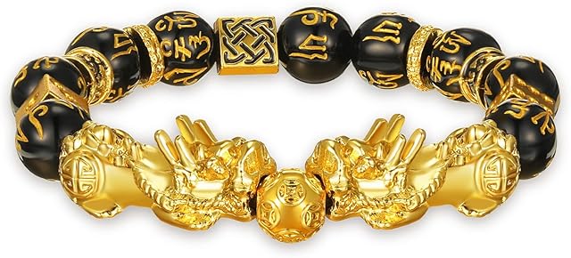 Feng Shui Bracelet Pi Xiu Mantra Bead Bracelet with Golden Dice Feng Shui Black Obsidian Wealth Bracelet Double Pi Yao Chinese Good Luck Bracelet Wealthy Hand Carved Bracelet