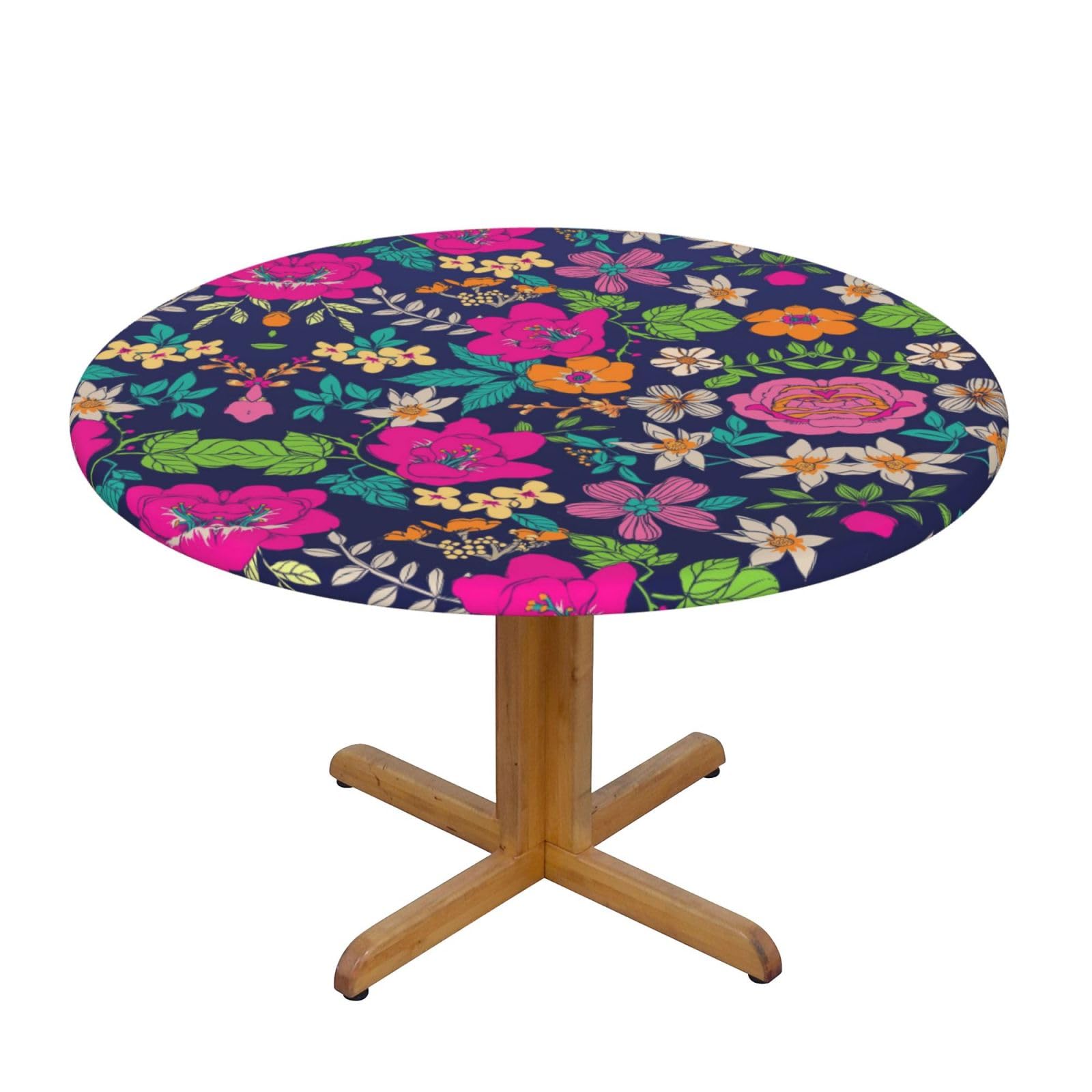 ESNAIUVCD Flowers print Waterproof Round Tablecloth,Outdoor Table Cloth with Elastic Edged, Elastic Tablecloth Wipeable, Garden Table Cloth Suitable for sizes 90cm-140cm