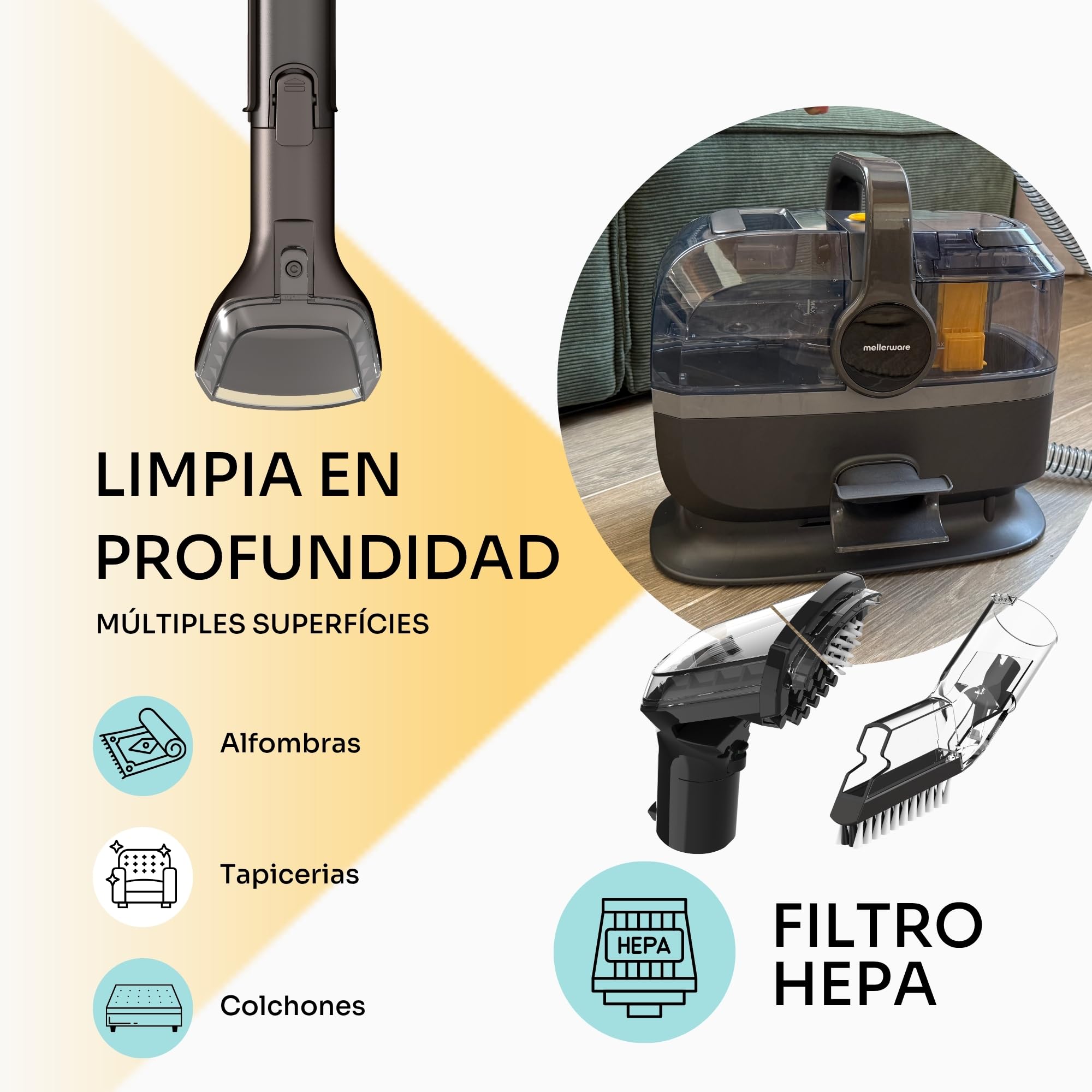 Mellerware - Aspirador para Tapicería Cleany Carpet 600w | Limpieza eficaz con función Wet&Dry | Boquilla 2 en 1 | Succión Duradera | Elimina Manchas y líquidos en colchones, sofás y alfombras