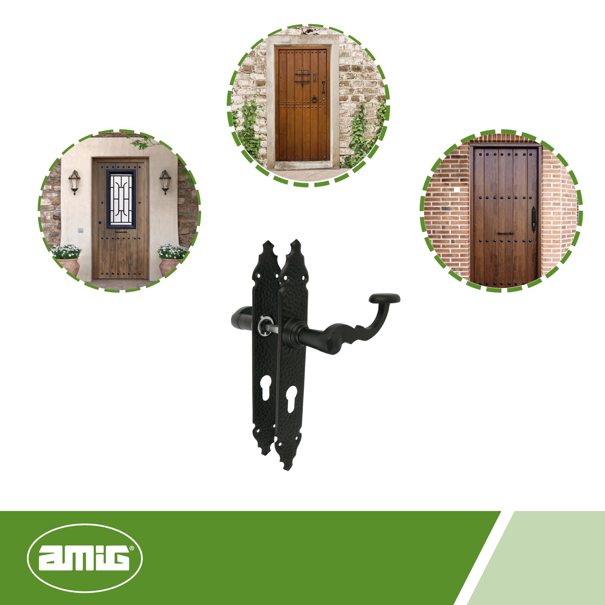 Amig - Juego de 2 Manillas para Puertas de Paso Mod.100PB90 - Bocallave a 90 mm - 280 x 45 x 3,5 mm - Cuadradillo 8 mm - Para Uso Con Cerraduras De Embutir - Tipo Forja - De Zamak Acabado en Negro