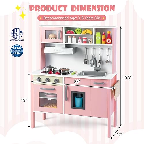 Miniatura 8 de Costzon Juego de cocina para niños, juego de cocina de madera con sonido, microondas, horno, máquina de hielo, campana extractora, estufas,