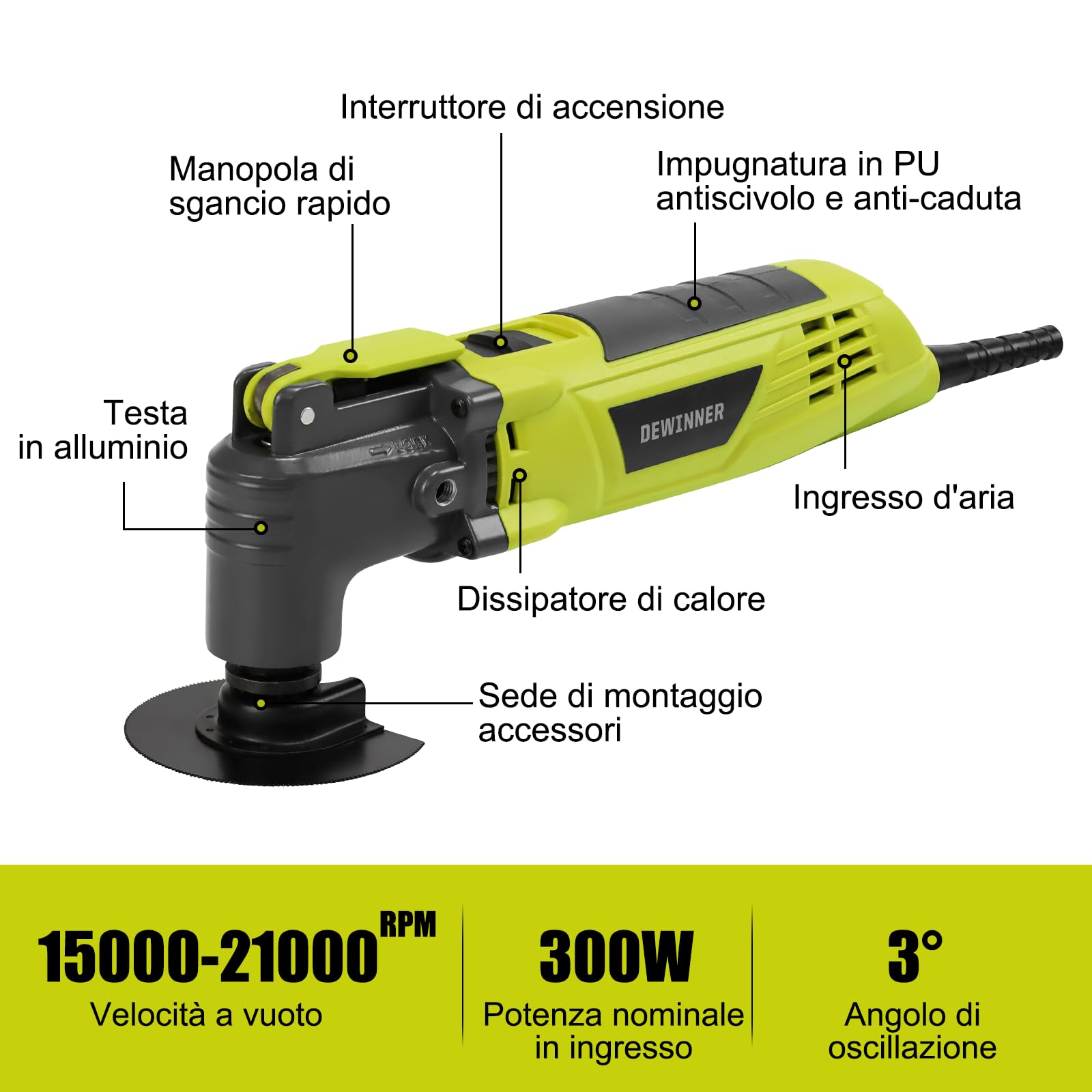 DEWINNER Utensile Multifunzione Oscillante, 300W Multiutensile Oscillante 15000-22000RPM, 28 Accessori, 6 Velocità Variabili, Angolo di Oscillazione 3°, Impugnatura Ausiliaria e borsa per il trasporto