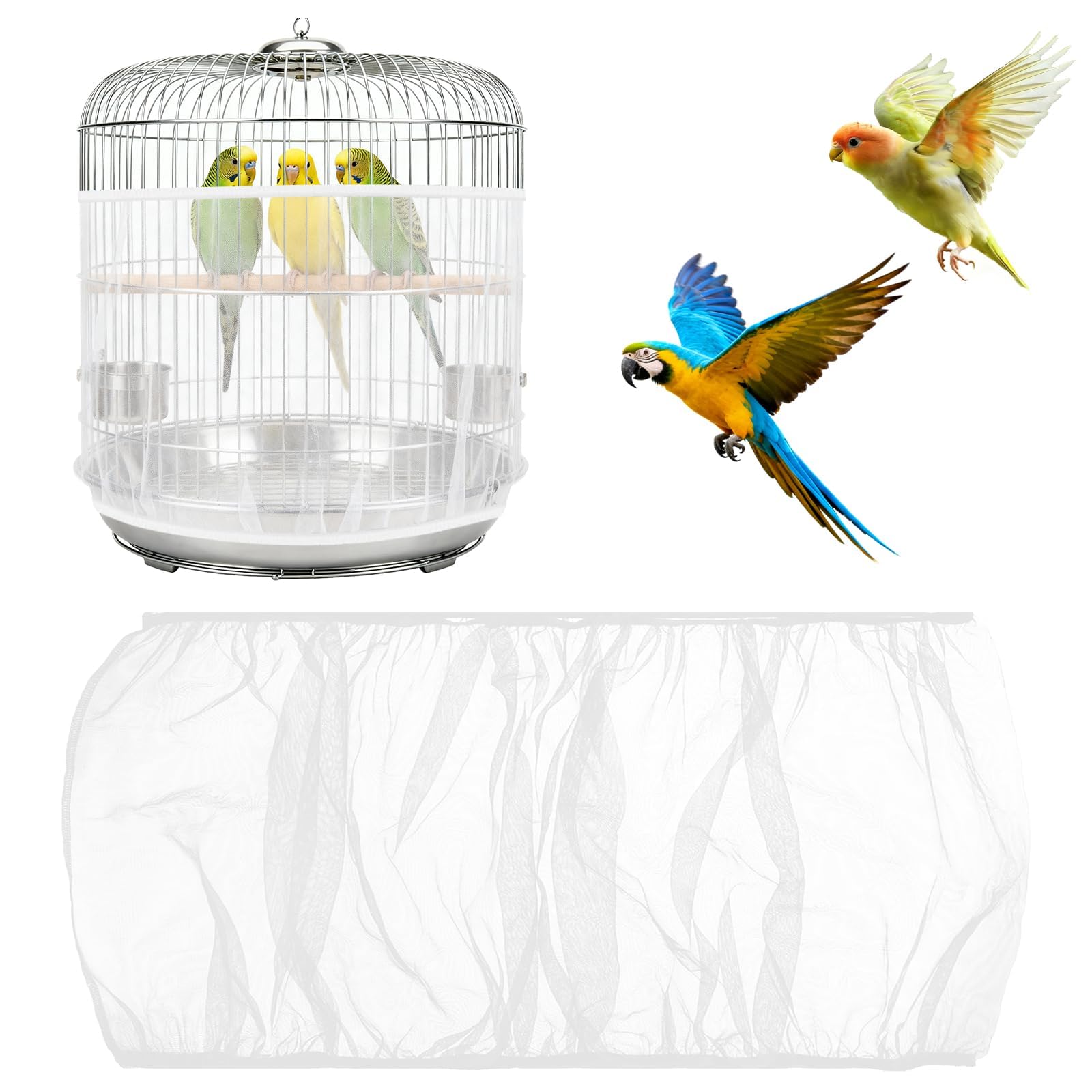 Bird Cage Cover 40-68 Inch Adjustable Seed Catcher, White Polyester Mesh Netting for Parrot Enclosures, Round Square Bird Cage Protector-image-15