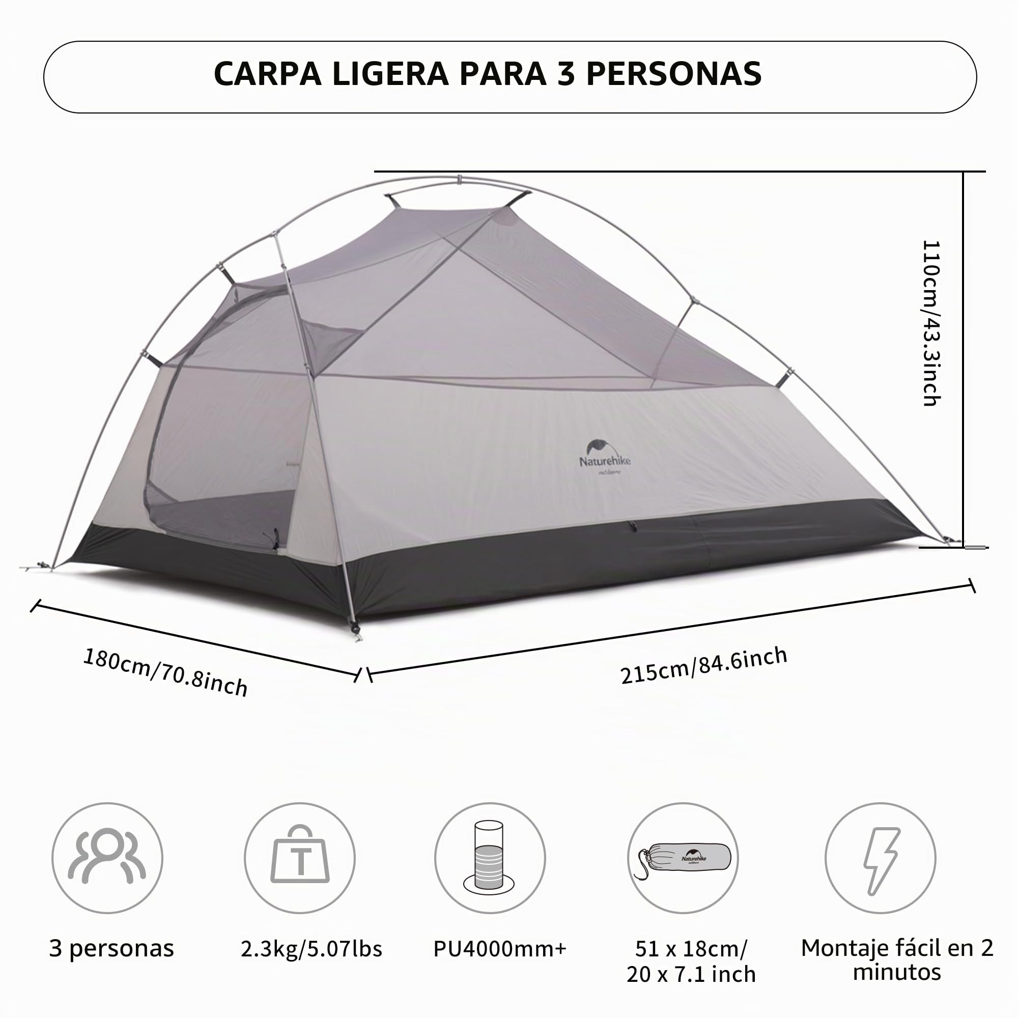 Naturehike Cloud-up Ultraligero 3 Persona Tienda de campaña Impermeable Doble Capa Camping Tienda de campaña (20D Azul Oscuro Actualizar)
