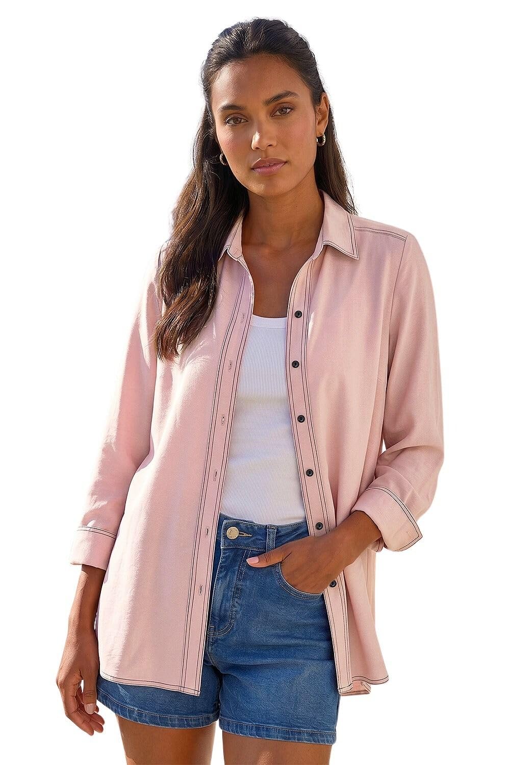 Roman Originals Women's Plain Light Pink Roman Shirt For Cotton Blouse Button Through Tunic Printed Top Work Long Sleeve Smart Casual Going Out Work Office V Neck Everyday Evening Event - Size 12