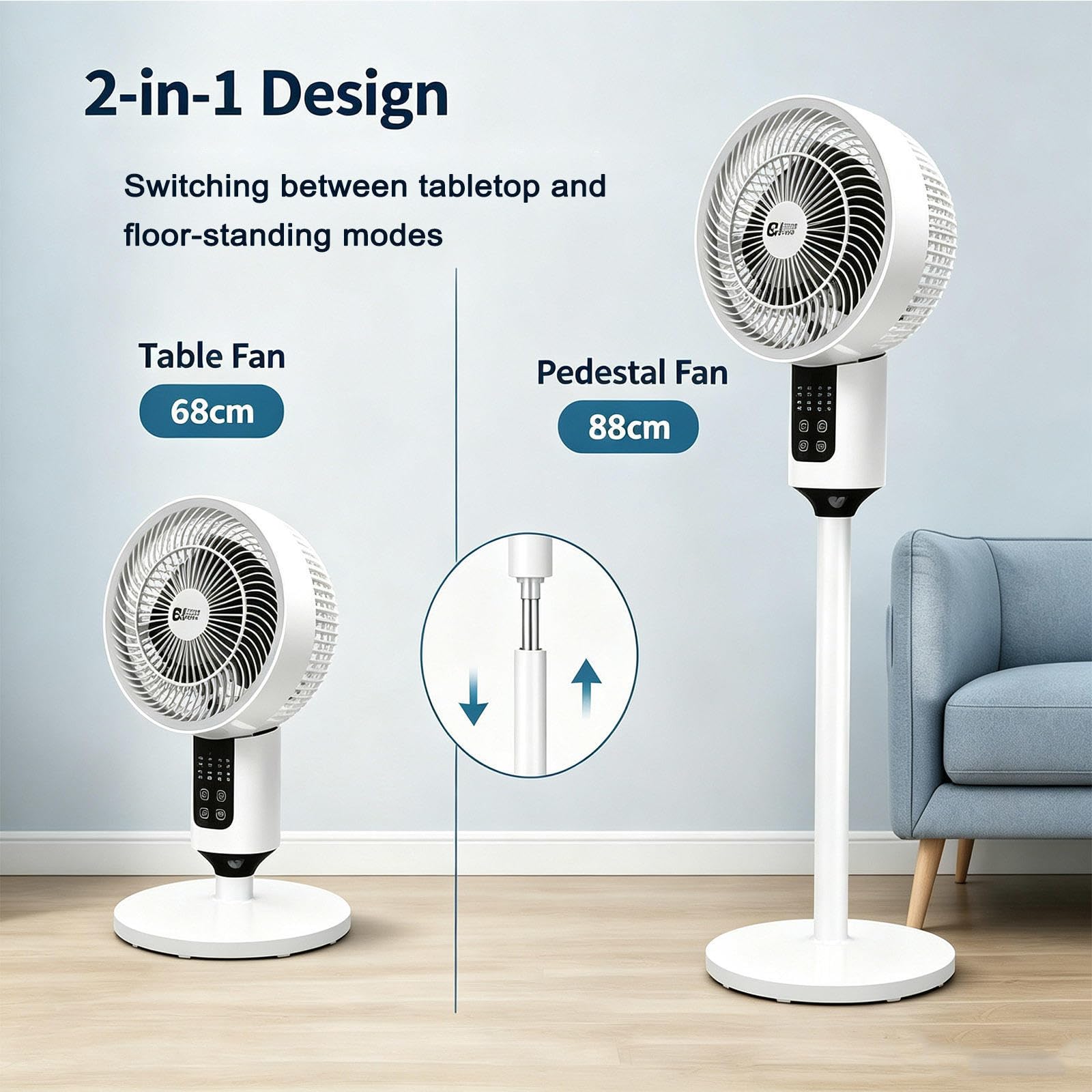 Ventilatore Rinfrescante 3 Velocità, Timer, Altezza Regolabile, Diffusione ad Ampio Angolo, con Telecomando Utilizzabile su Scrivania e Pavimento