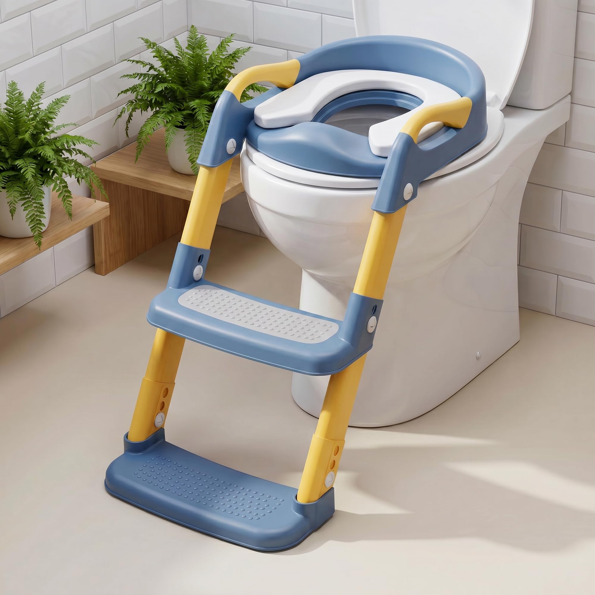 Potty Training Seat,Adjustable Toddler Toilet Seat with Soft Cushion Design,Handle,Foldable Portable Kids Potty Ladder Non Slip,Space Efficient,Easy Assembly,Adjustable Height(Blue)