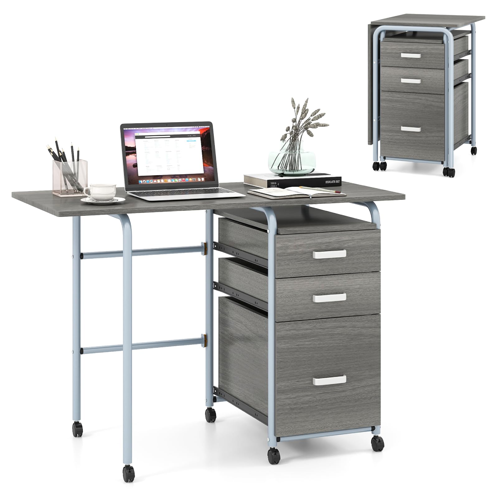 COSTWAY 2-In-1 Folding Desk with 3 Drawers (Grey, 105 x 50 x 75 cm) — image 1
