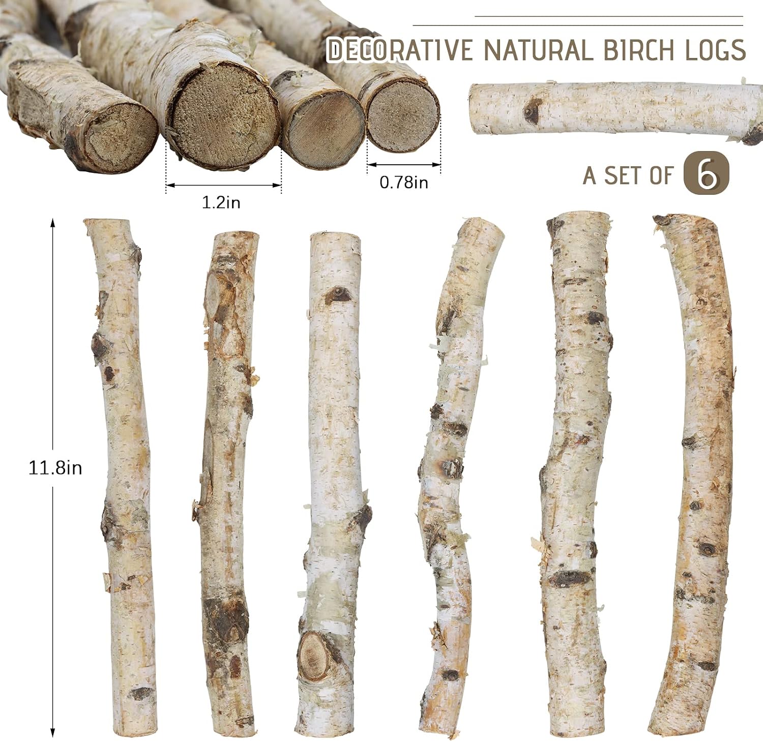 Uplama 6Pack Small Birch Logs for Fireplace Unfinished Wood Crafts DIY Home Decorative Burning,Fireplace Log Set (0.78''-1.18'' Dia. x 12" Long)
