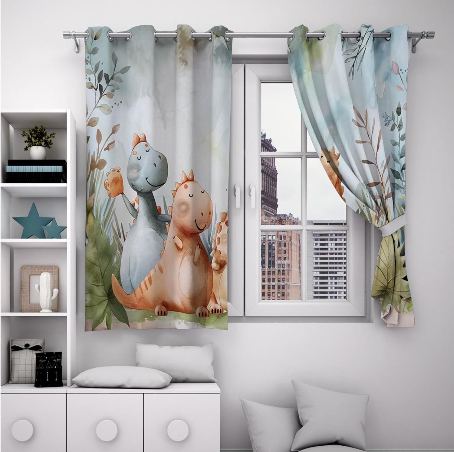 Cartoon Kids Curtain Dinosaur Print Blackout Curtains for Bedroom Living Room Cute Animals Darkening Grommet Nursery Window Drapes 2 Panels 2X W38xL63in