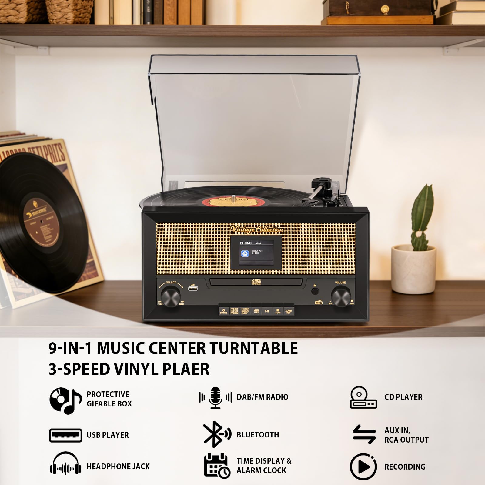 Lettore CD e vinile 9 in 1, giradischi Bluetooth, giradischi a 3 velocità, lettore CD, radio FM e DAB, riproduzione/registrazione USB, ingresso AUX, uscita RCA e jack per cuffie per la decorazione
