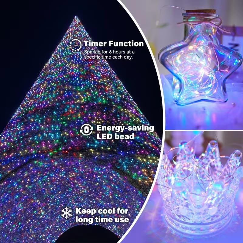 Miniatura 5 de Paquete de 4 luces de hadas multicolor alimentadas por pilas, 20 pies, 60 LED, impermeable, luz intermitente, alambre de cobre plateado con