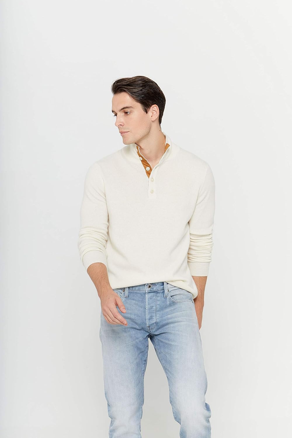 State Cashmere Men's Button Up Mock Neck Sweater 100% Pure Cashmere Long Sleeve Polo Quarter Collar Pullover - Image 6