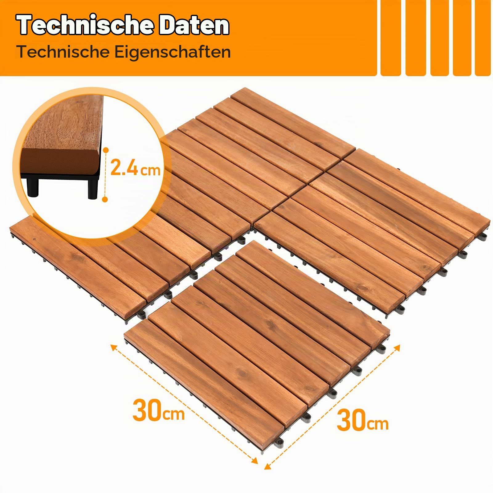 Ikodm Holzfliesen Terrassenfliesen Klickfliesen, 11x Platten Balkon Fliesen Garten 1m² 30x30 cm Holz Akazie Mosaik, 6 Slatte, für Terrassen und Balkon