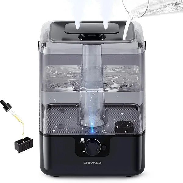 CHIVALZ 6L Humidifiers for Bedroom Large Room Home, Cool Mist Top Fill Humidifiers for Baby Nursery and Plants, 26dB Quiet, Nightlight, Up to 50 Hours, Oil Diffuser 1 Pack + 2 Mist Outlets B