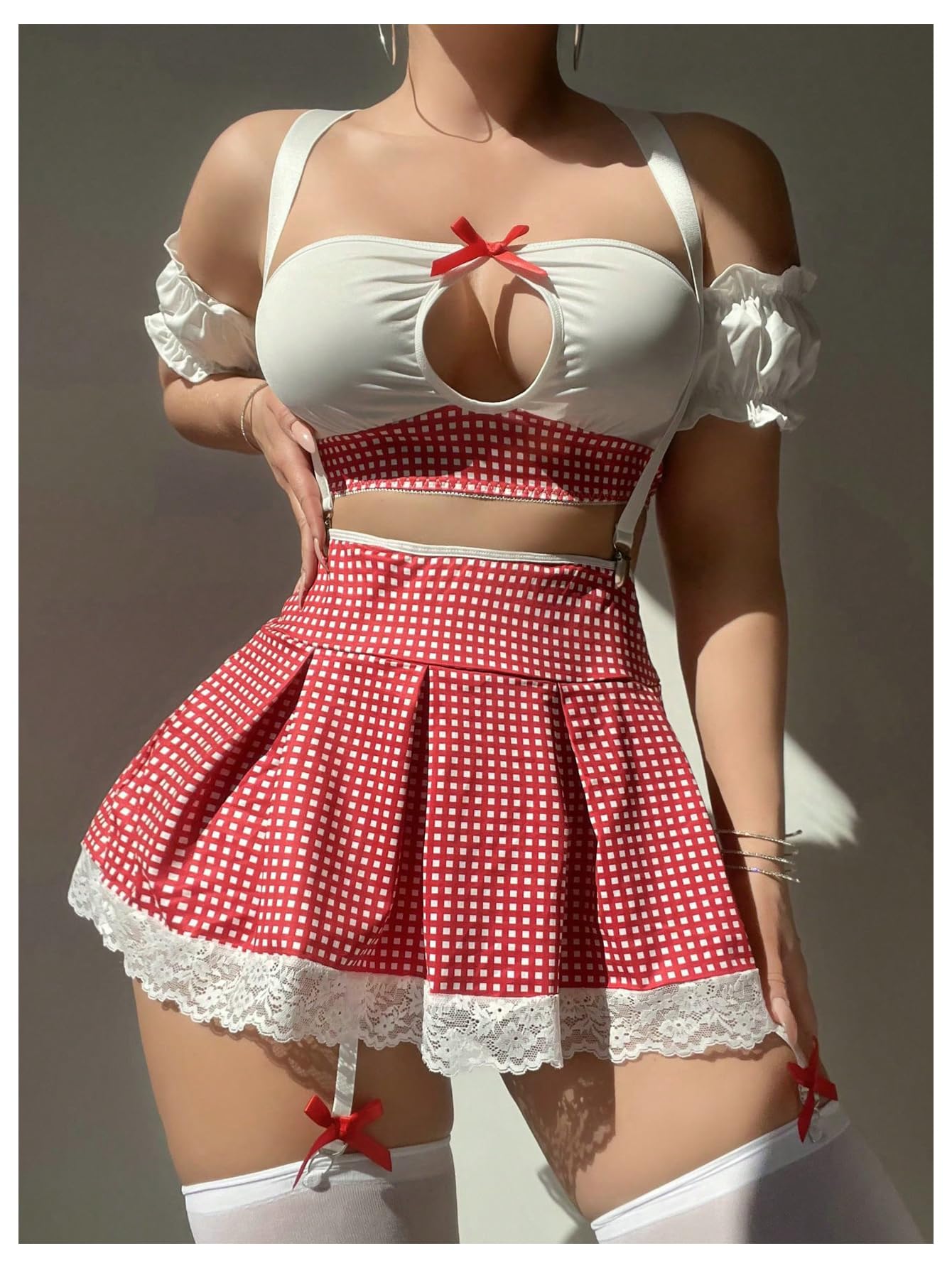 OYOANGLE Women's 9 Piece Garter Lingerie Set Plaid Bow Knot Cut Out Teddy Babydoll with Stockings: Small Red and White
