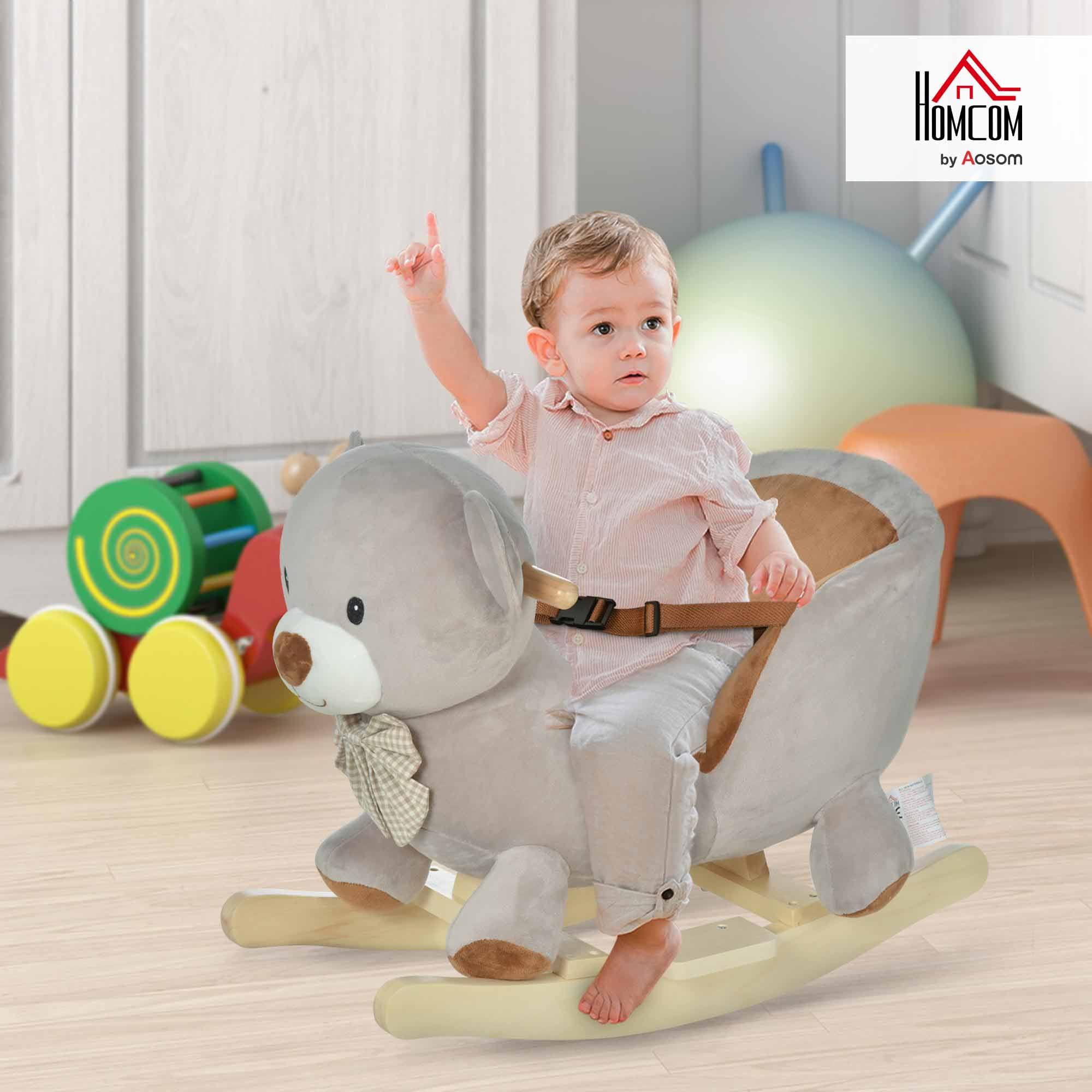 HOMCOM Caballito Balancín para Bebé de 18-36 Meses Caballo Balancín de Peluche Suave con Forma de Oso con Sonido Manillar y Reposapiés 60x33x50 cm Gris