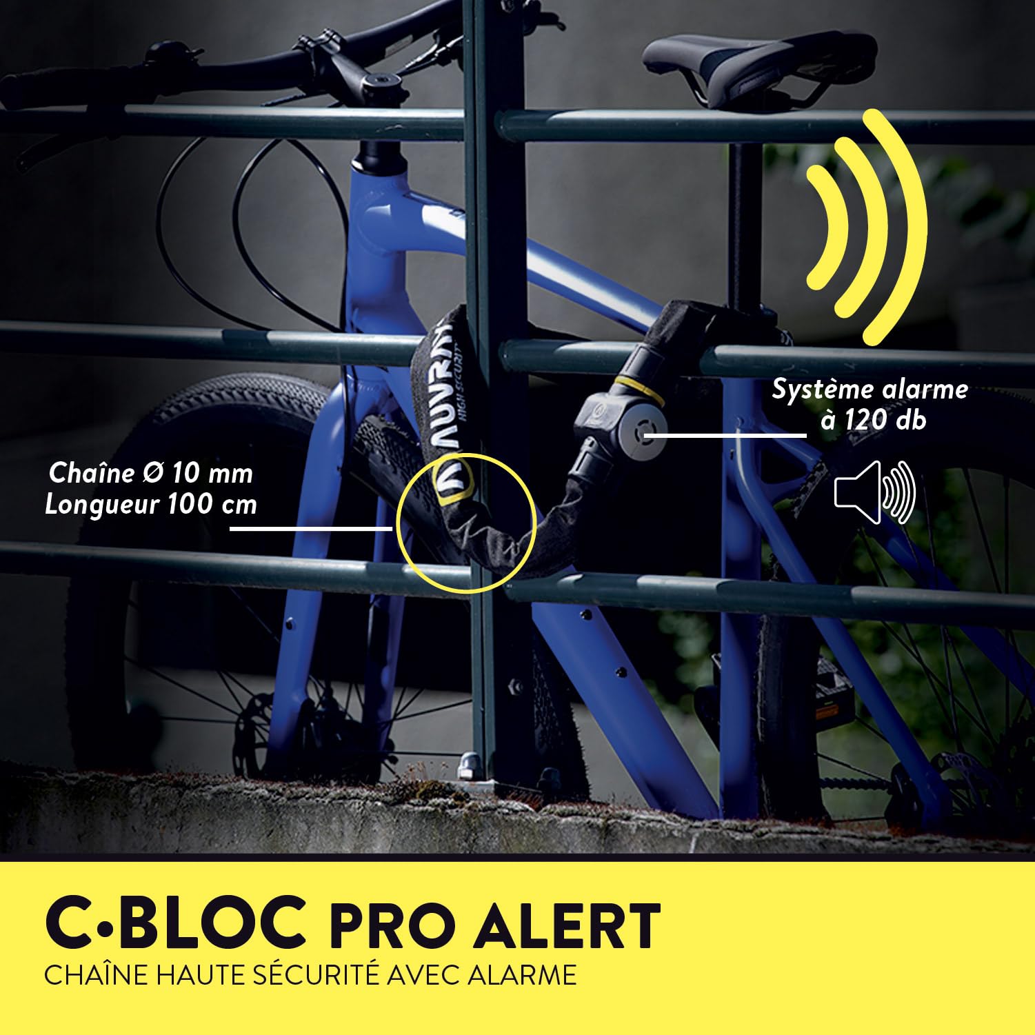 AUVRAY - Antivol vélo chaîne C·BLOC PRO ALERT - Certifié ART 4327 - Alarme 120 dB - Niveau de sécurité 8/10 - Recommandé par les Assureurs- Chaîne acier cémenté Ø10mm - Longueur 100cm - Haute sécurité