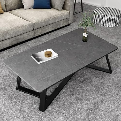 CraftThink Coffee Table, Mid-Century Modern Stone Top Accent Table Rectangular Coffee Table Sofa Center Table with Metal Frame for Living Room- Grey 47" L x 28" W x 18" H