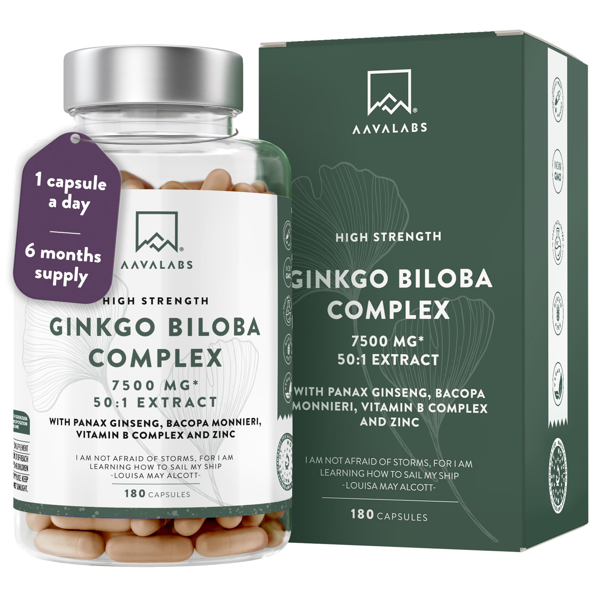 Ginkgo Biloba High Strength - 7500mg - 50:1 Extract - with Bacopa Monnieri, Ginseng, Vitamin B6, B1, B2, & Zinc -180 Nootropic Ginkgo Biloba Capsules - Packed with Flavonoids