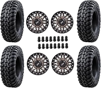 Tusk Racing أربعة إطارات Tusk TERRABITE 8-Ply الشعاعية UTV على عجلات Tusk TETON Beadlock متوافقة مع CAN-AM MAVERICK DEFENDER COMMANDER - تتضمن صواميل Lug 4 + 3 Wheel Offset، Smoke