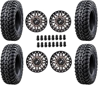 Four 30x10-14 Tusk TERRABITE 8-Ply Radial UTV Tires on Tusk TETON Beadlock Wheels- Compatible For CAN-AM MAVERICK DEFENDER COMMANDER - Includes Lug Nuts (4+3 Wheel Offset, Smoke)