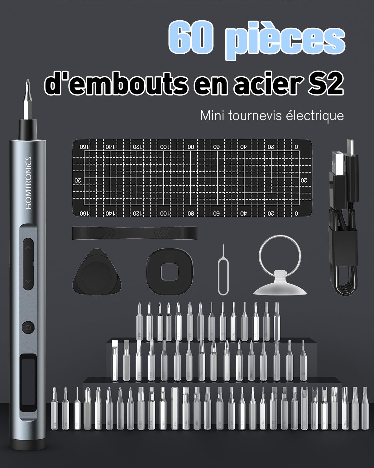 Mini Tournevis Électrique de Précision 68 en 1, 3 Couples Réglables, Rechargeable Sans Fil avec 60 Embouts S2 pour Montre, Lunettes, Drone, PC