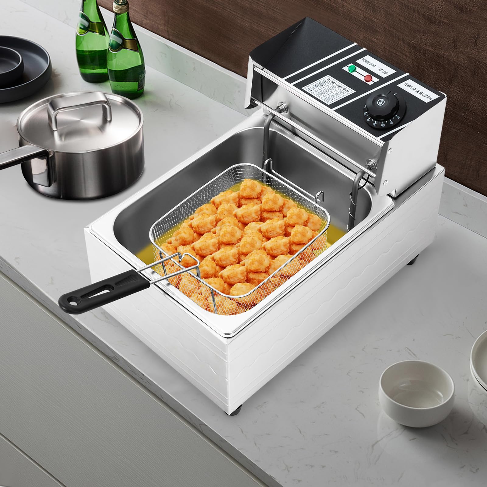 Friggitrice elettrica da 6 l, 2500 W, in acciaio inox, friggitrice elettrica, temperatura regolabile, con scolapiatti dell'olio e coperchio in acciaio inox, con termostato automatico