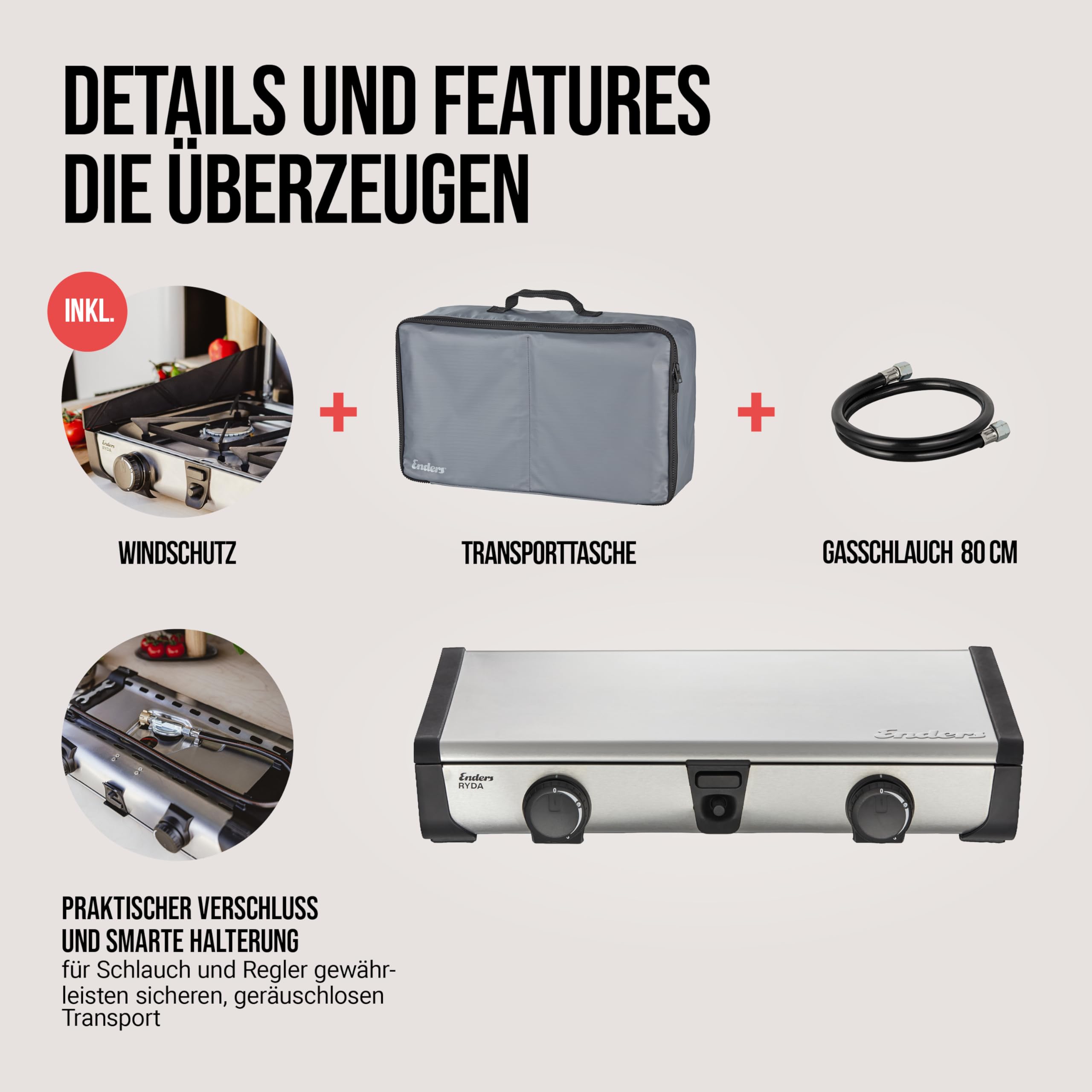 Enders Ryda 2Z GP, Gaskocher mit Zündsicherung, 2-flammig, Edelstahlbrenner 2x2,3 kW, klein und kompakt, inkl. Grillplatte, Gasschlauch und Windschutz, Campinggrill, #1883 | Mit Zündsicherung, Klein und kompakt, Inkl. Grillplatte, Inkl. Gasschlauch und Wi