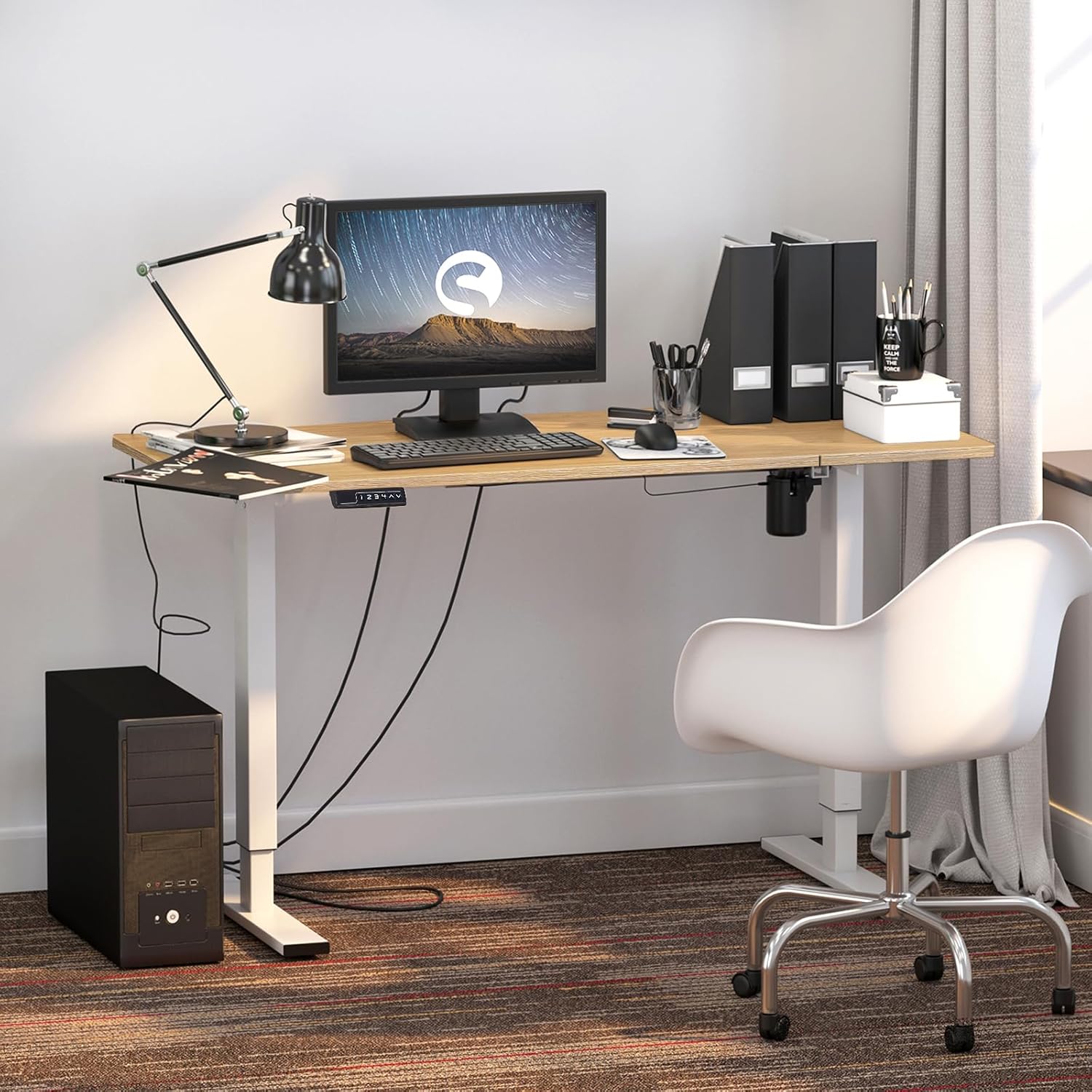 Diagram showing the dimensions of the soges Electric Height Adjustable Desk, including length, width, and height range.