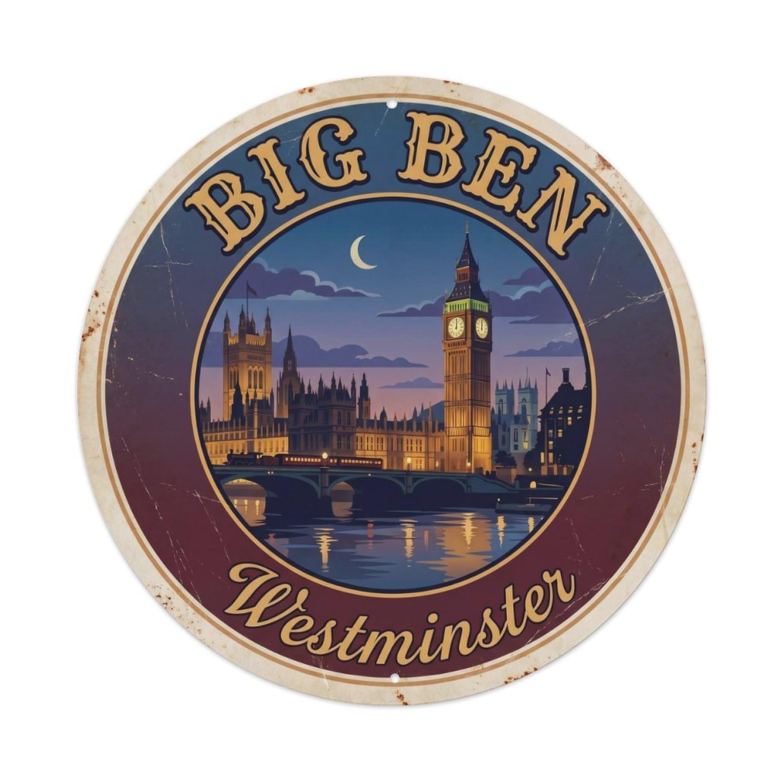 Vintage Travel Big Ben Westminster London 1 Metal Tin Sign Plaque Wall Decor for Cafe, Club, Garden Round Metal Poster 8x8Inch
