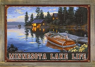 Northwest Art Mall Minnesota Lake Life Criscraft Boat & Dock Rustic Metal Print on Reclaimed Barn Wood from Illustration by Outdoor and Wildlife Artist Darrell Bush 11.5" x 17.5"