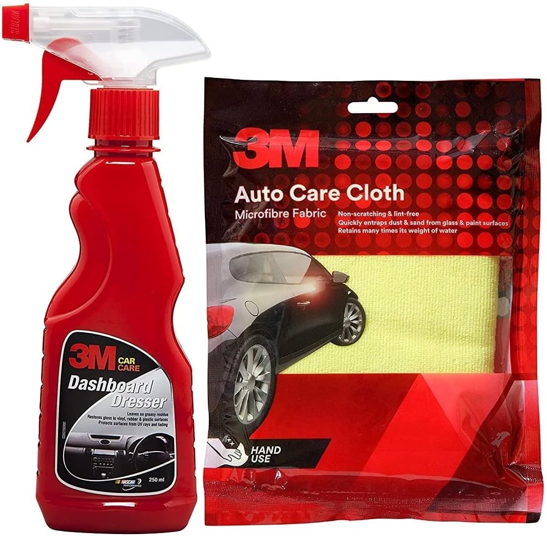 3M Combo of AS Dashboard Dresser (250 ml Spray) and Cloth | Restore Gloss on Dashboard and Other Plastic Parts | Protection from UV Rays & Fading