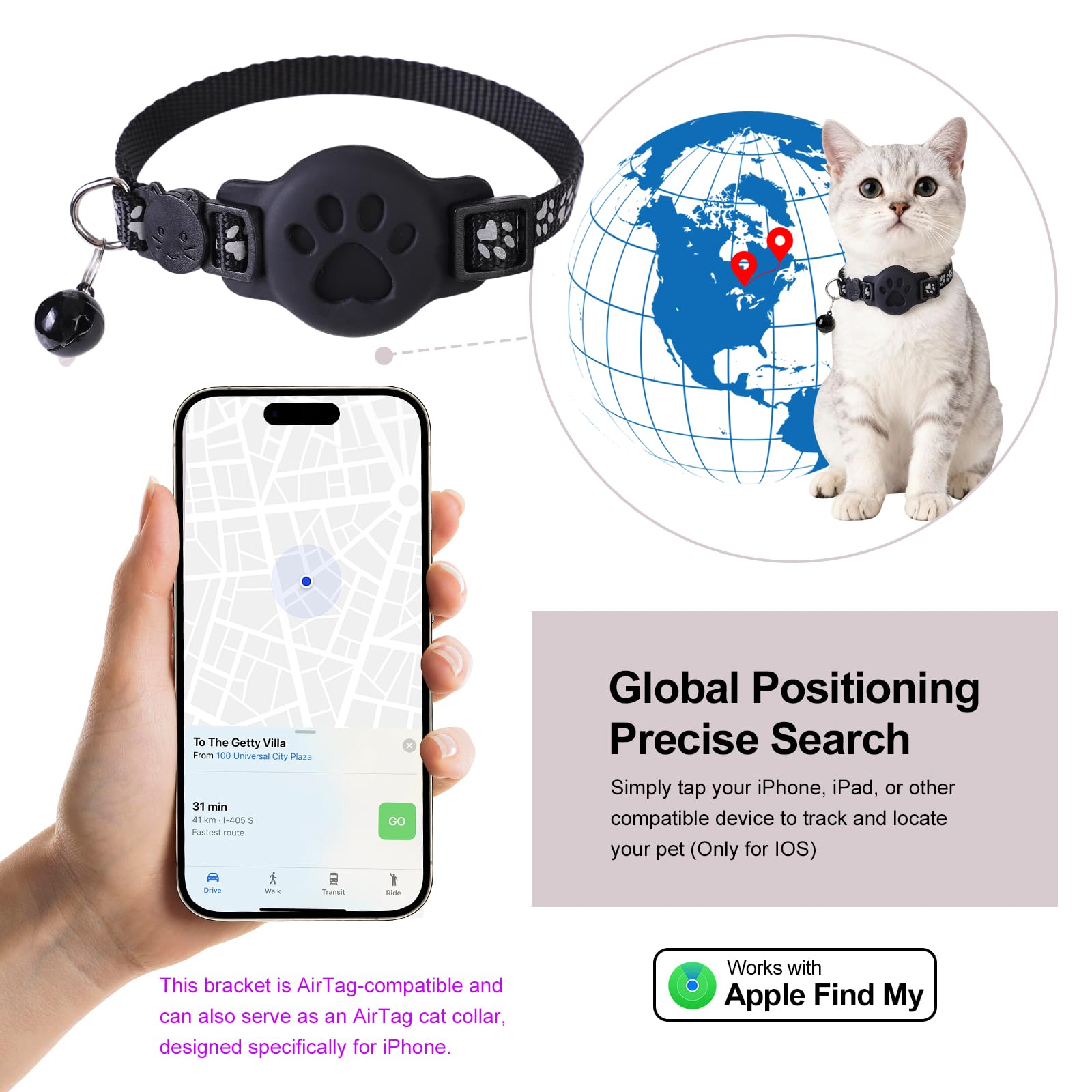 GPS Cat Collar with Bluetooth Tracker Holder - Breakaway Adjustable (7.5-12.6") for Small Cats for iOS (Findmy App) | No Monthly Fee | Waterproof Lightweight Reflective Pet Tracker - image 2