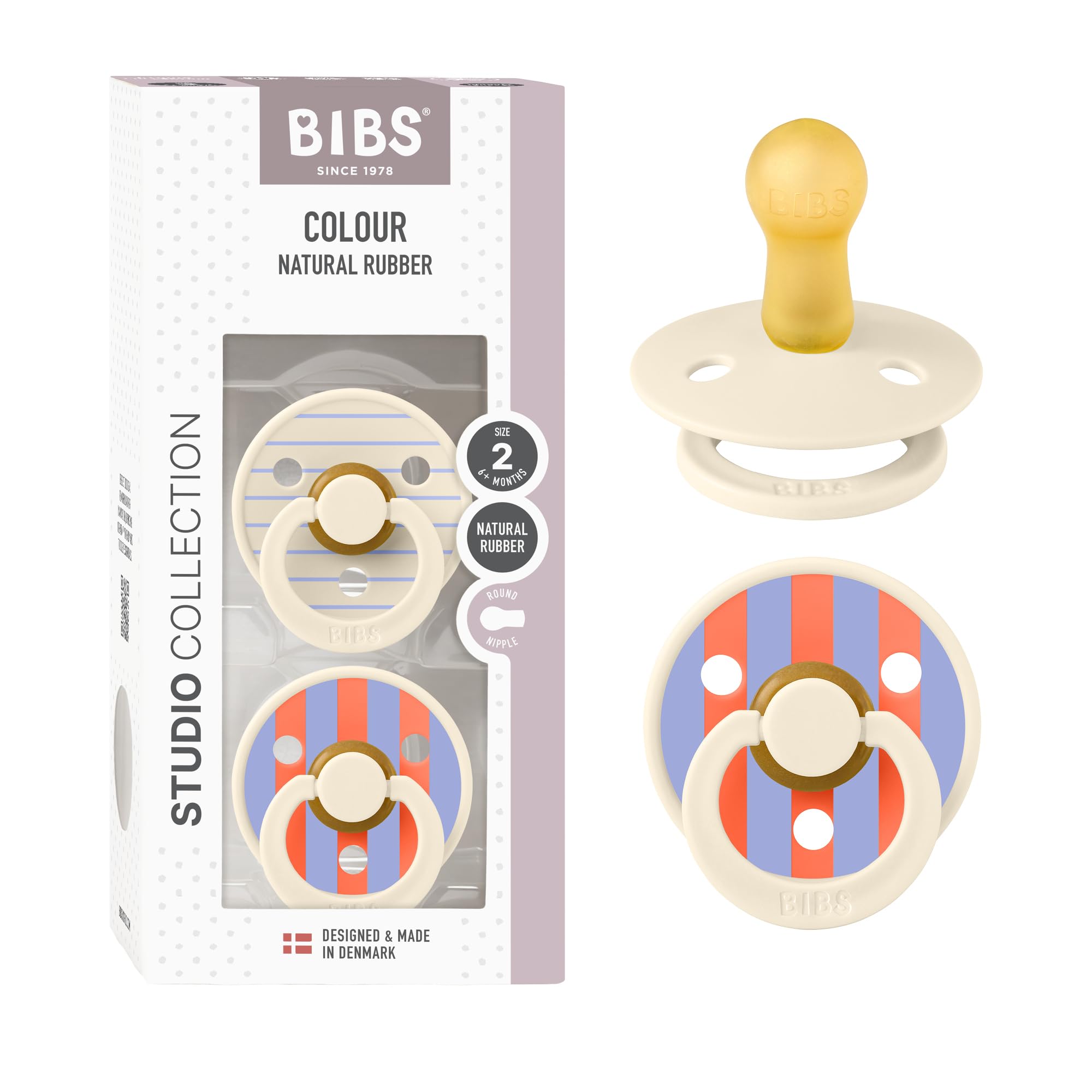 BIBS Colour Studio Soother 2-Pack, BPA Free Dummy Pacifier, Round Nipple. Natural Rubber Latex, Made in Denmark, Size 2 (6-18 Months), Violet Sky/Petal — view 24