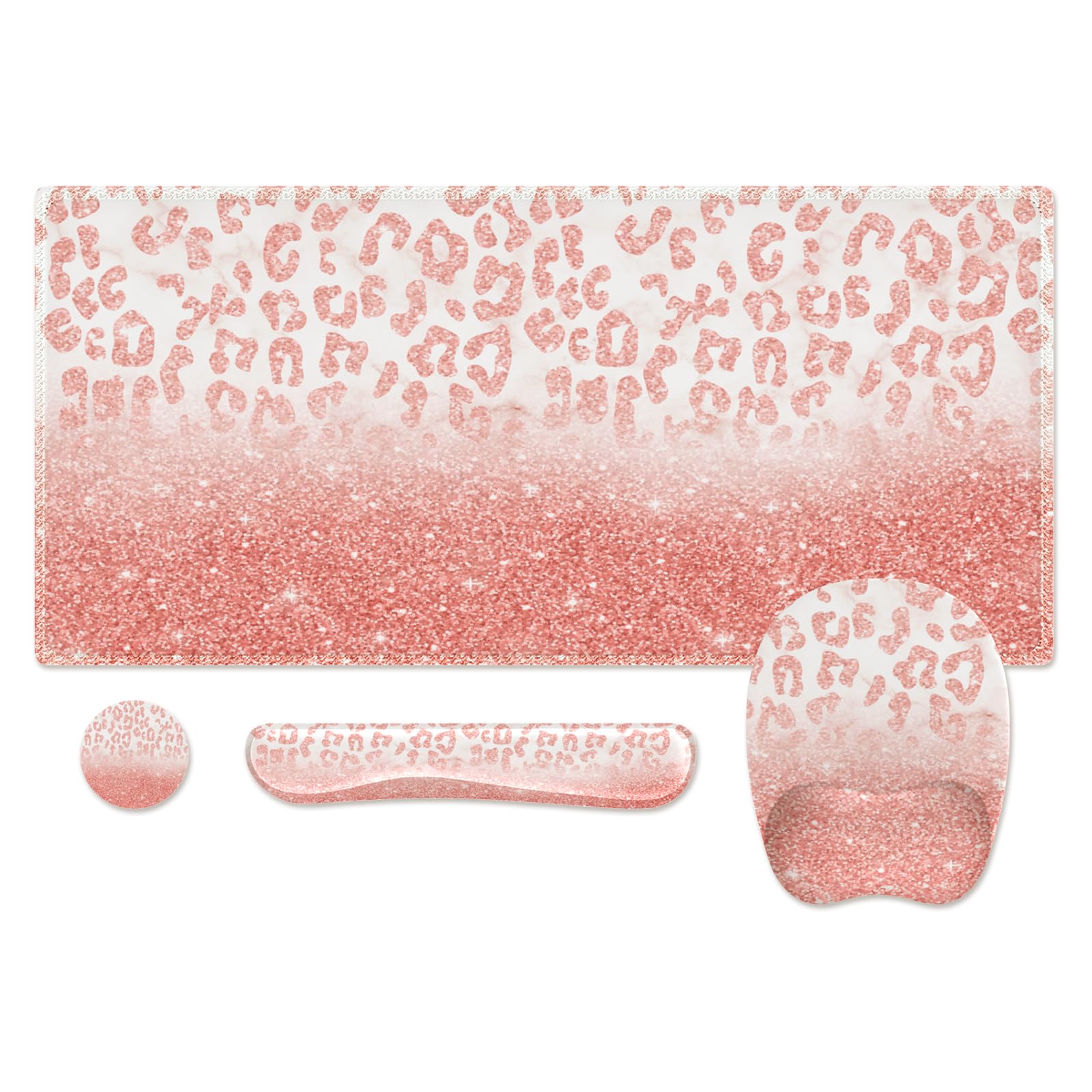 Anyshock Rose Gold Desk Mat, Keyboard Wrist Rest, Pink Large Mouse Pad Wrist Support, 4PCS Ergonomic Computer Desk Pad with Coaster Set, Gaming