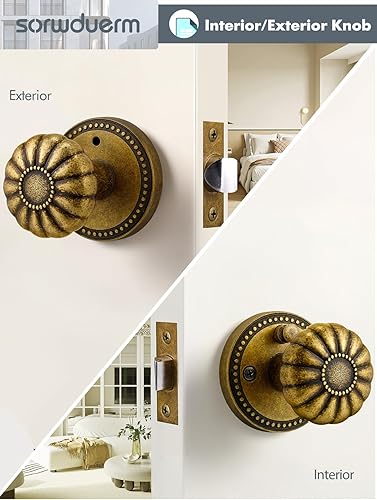 Miniatura 4 de Perillas de puerta de latón antiguo, pomo de puerta de privacidad interior con cerradura para dormitorio y baño, aleación de zinc, paquete de 2