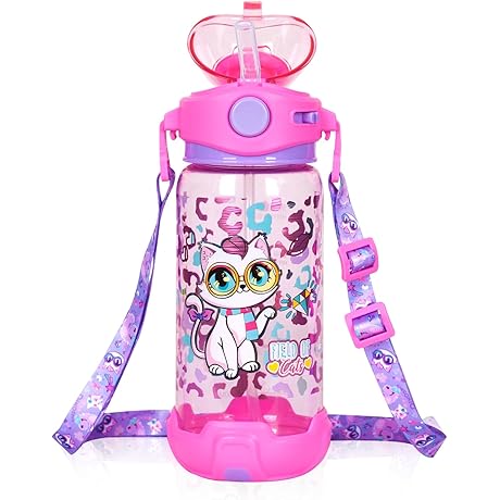 Kids Cat Water Bottle with Straw for Girls and Boys
