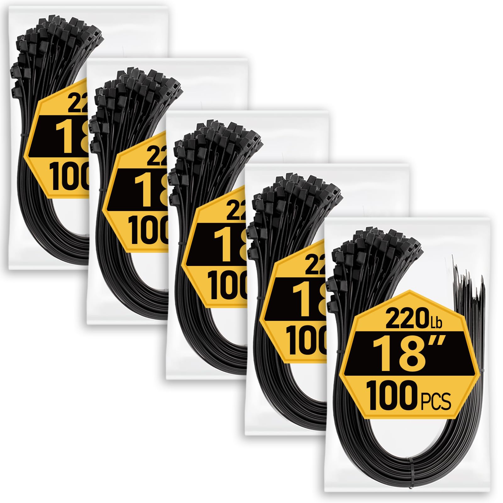 Bridas grandes resistentes de 18 pulgadas (paquete de 500), resistencia a la tracción de 220 libras para uso en exteriores, bridas negras para cables, bridas largas ANOSON
