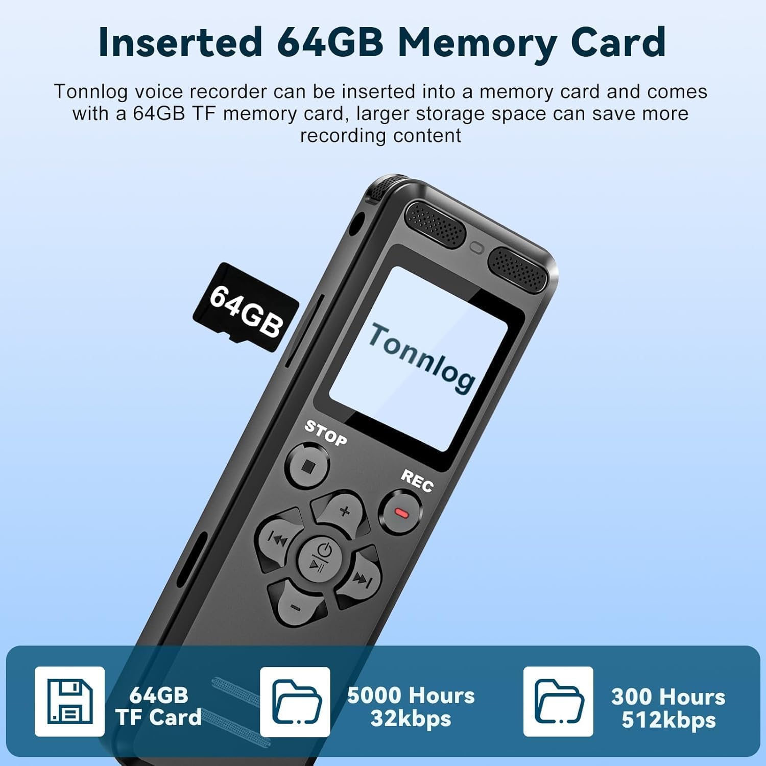80GB Registratore Vocale, Tonnlog Registratori Vocali Digitali Professionale Portatile con Attivazione Vocale, USB-C Registratore Audio per Lezioni Riunioni, Registrazione/Bloccare con un Solo Clic