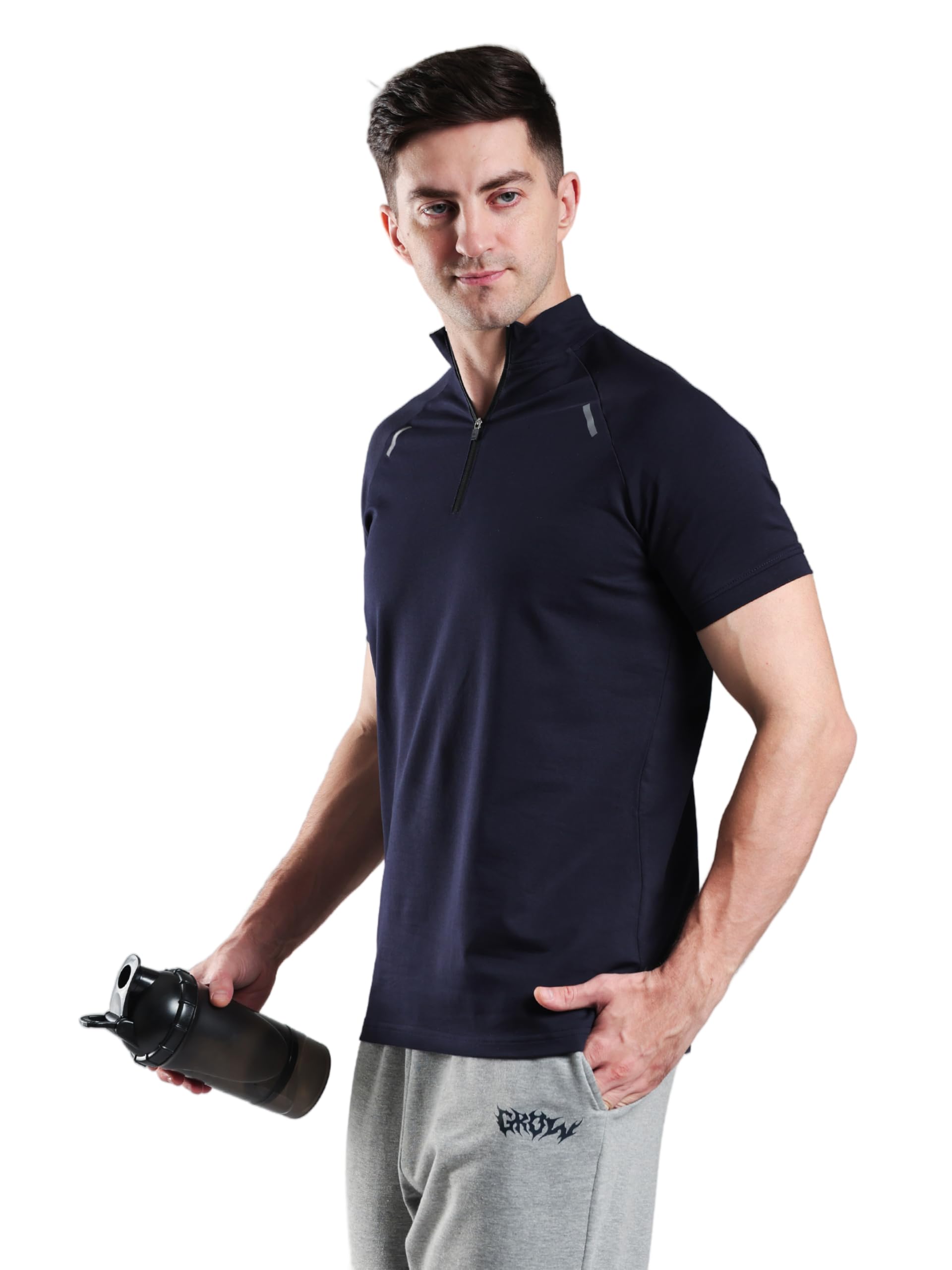 grow Half Raglan Quarter Zip Half Sleeve T-Shirt Workout | Cotton and Spandex Quarter Zip Back Printed Collar T Shirts for Men-picture-24